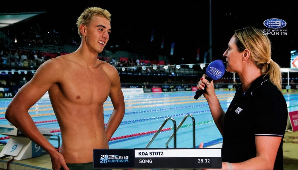 Koa Stotz interviewed poolside after the 50m breaststroke at the 2026 Australian Age Championships
